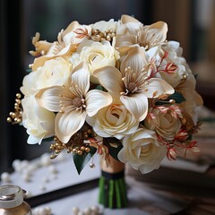 Wedding bouquet in white, beautiful blossoms, ai generated