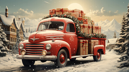 Generative AI, vintage Christmas car with many gifts, blue and red colors. Greeting xmas card, winter holidays