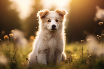 Cachorro fofo no campo ao entardecer - Papel de parede