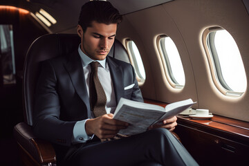 Fototapeta na wymiar Businessman in a suit sitting on a plane reading the newspaper