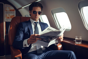 Businessman in a suit sitting on a plane reading the newspaper