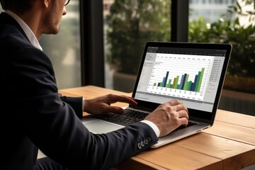 Businessman working on a laptop showing charts and graphs. Stock market concept