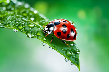 Ladybug on the grass in water drops, close-up