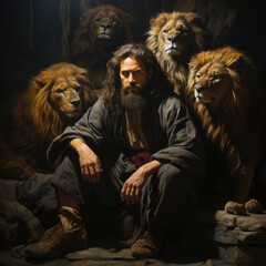 Whispers from Scriptures: Reflecting on Daniel's Peaceful Repose amidst Calm Lions in Bible Narratives - obrazy, fototapety, plakaty