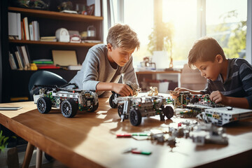teenager students doing robot arm and robotic cars