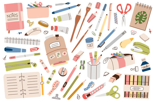 Stationery colored collection. School and office supplies. Pencils, notebooks and accessories. Flat cartoon drawing tools. Highlighters, brush pens. Vector illustrations isolated on white background