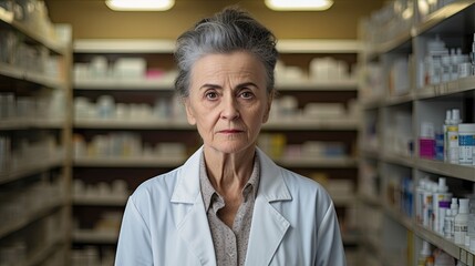 Fototapeta premium portrait of an ... pharmacist standing in front of shelfs with medication (Generative AI)