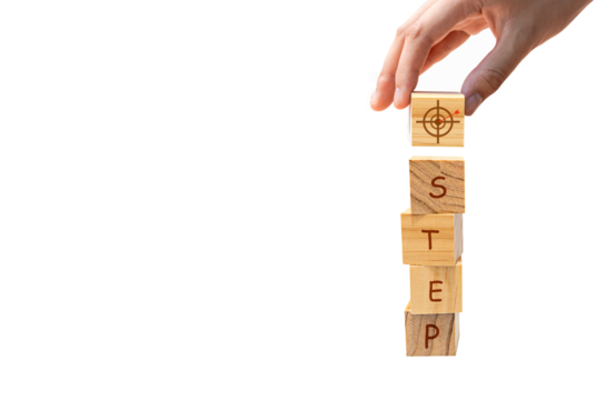 Placing a wooden cube block with the text "STEP" as a step towards the goal. on a white background. Business concept for a successful growth process.PNG	