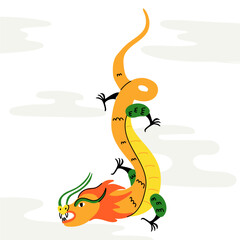 Chinese dragon. Modern colorful traditional New Year zodiac animal, clouds background, 2024 Horoscope. Asian lunar calendar trendy symbol, yellow orange reptile, vector contemporary illustration