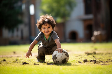 Indian happy kid playing soccer or holding football outdoors