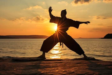 Fotobehang person trains martial arts in silhouette © FotoAndalucia