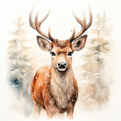 Charming deer amid watercolor woods. Pastel minimalist card, perfect for Christmas or New Year's wishes.