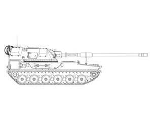 AHS Krab in line art. Self-propelled artillery. Poland army. Military armored vehicle. Detailed PNG illustration. © Anton