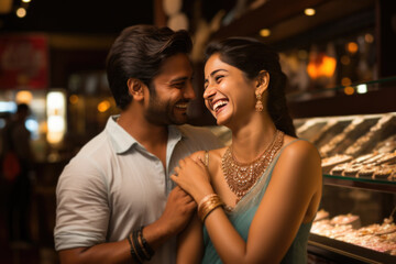 Cheerful Indian beautiful young couple enjoying shopping at modern jewellery store