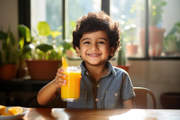 Cute little  happy Indian boy or girl drinks fruit juice in a glass while sitting on a table