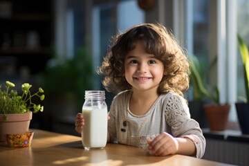 cute little Indian girl drinks milk in a glass, happy expressions