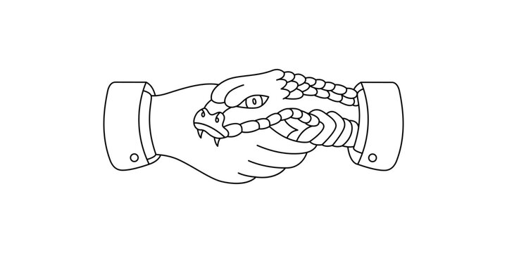 Snake Bite Hand. Traditional Snake Handshake Tattoo Line Silhouette. Vector Minimalist Linear Illustration.