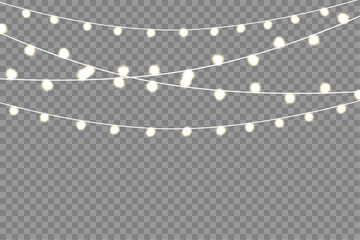 Christmas lights on a transparent background. Realistic garland, glowing light bulbs. Vector illustration.