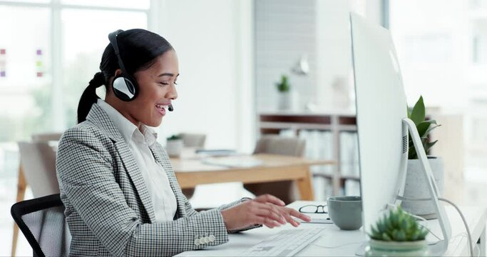 Customer service, smile and woman at computer, consulting and advice at help desk for telemarketing. Phone call, conversation and happy callcenter consultant with headset, info and talk in office.