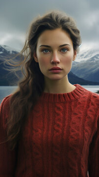 Young norwegian woman in red sweater with mountain and water landscape in background