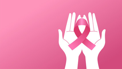 Breast Cancer Awareness Month Banner Simple Clean Cartoon Hand Holding Pink Ribbon Illustration