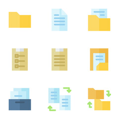 file icons set, in flat style, including, paper, document, folder, archive, and clipboard. suitable for offices, business, work, and computers.