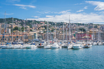 Fototapeta na wymiar Genoa port view with blue sky, Italy