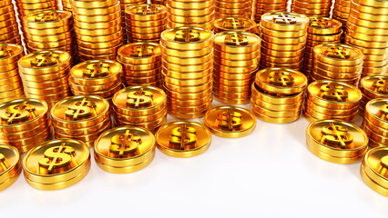 3D rendering of stack of golden coins, growing up wealthy, affluent, Finacne and business concept