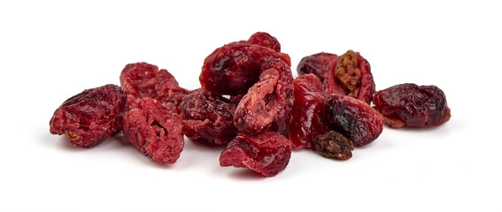 Dry organic cranberries, sweet berries, close-up, isolated on white background.