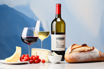 French Cuisine Culture. Bread, Cheese, Wine, Grapes. Minimalist Gourmet Background. Ai Generated

