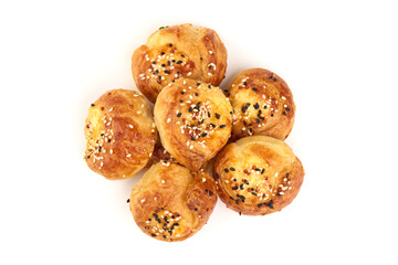 Fresh homemade buns with cottage cheese, close-up, isolated on white background.