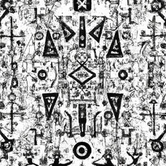 A collage of demon-like symbols and otherworldly runes forming a chaotic pattern