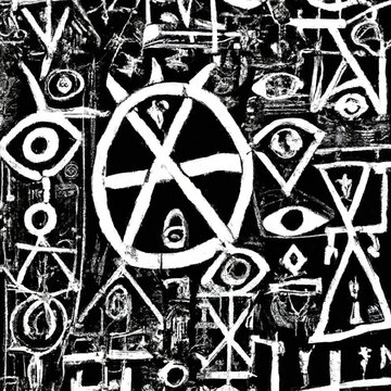 A collage of demon-like symbols and otherworldly runes forming a chaotic pattern