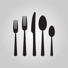 Black silhouette cutlery set including spoon, fork, and knife icons set on gray gradient background