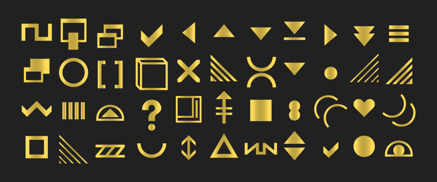 Golden random and isolated shining metal signs and symbols icons set design elements on black background