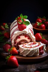 cake roll with strawberries and cream cheese. on dark background. AI Generated