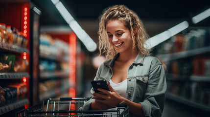 Obraz premium Smiling young woman with smart phone grocery shopping in supermarket