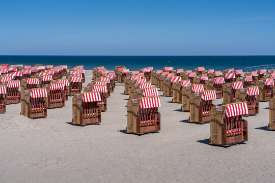 Travem&uuml;nde, L&uuml;beck, Germany. The beach with beach chairs.