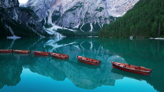 Lago di Braies at sunrise, Dolomites, Italy