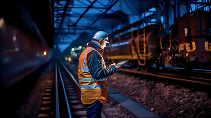 An engineer meticulously inspects railway track data using a tablet in an industrial setting, illuminated professionally, embodying precision and expertise.