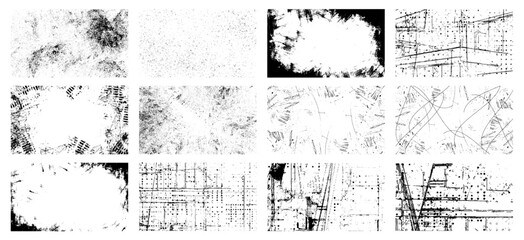 Fototapeta premium Overlay textures set stamp with grunge effect. Old damage Dirty grainy and scratches. Set of different distressed black grain texture. Distress overlay vector textures. 
