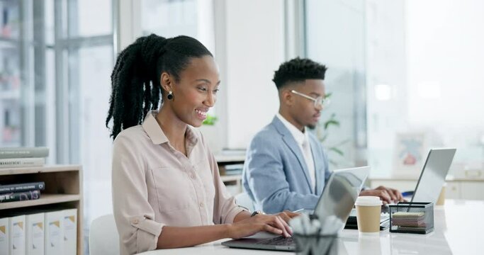Black woman, happy and working in business on computer in office or planning online report, email and internet research. African, consultant and typing info on laptop for update on Nigeria company