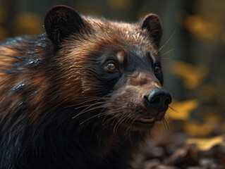Wolverine  in its habitat close up portrait 