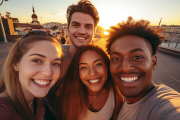 Young people of different races take a selfie