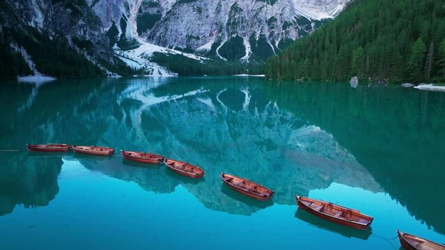 Lago di Braies at sunrise, Dolomites, Italy