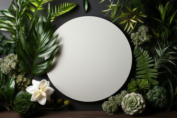 White round template podium mockup for natural organic green eco forest fresh leaves nature flat lay background, trendy stylish minimalist Flatlay backdrop. Wooden back Générative IA