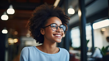 Happy cheerful African teen girl, smiling short-haired cute Black ethnic college student wearing eyeglasses looking away in modern university campus library. - obrazy, fototapety, plakaty