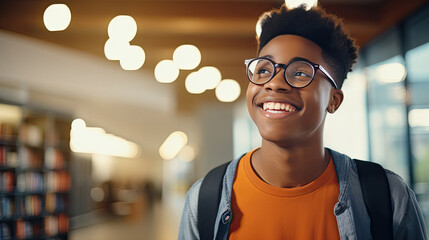 Happy cheerful African teen boy, smiling short-haired cute Black ethnic college student wearing eyeglasses looking away in modern university campus library. - obrazy, fototapety, plakaty