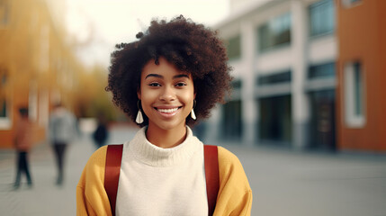 Happy cute African teenage girl, smiling confident short-haired cute Black ethnic college student standing arms crossed looking at camera in modern foreign university campus studying abroad.