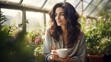 Dark-haired woman dressed in casual clothes drinking coffee in a light-filled greenhouse full of flowers